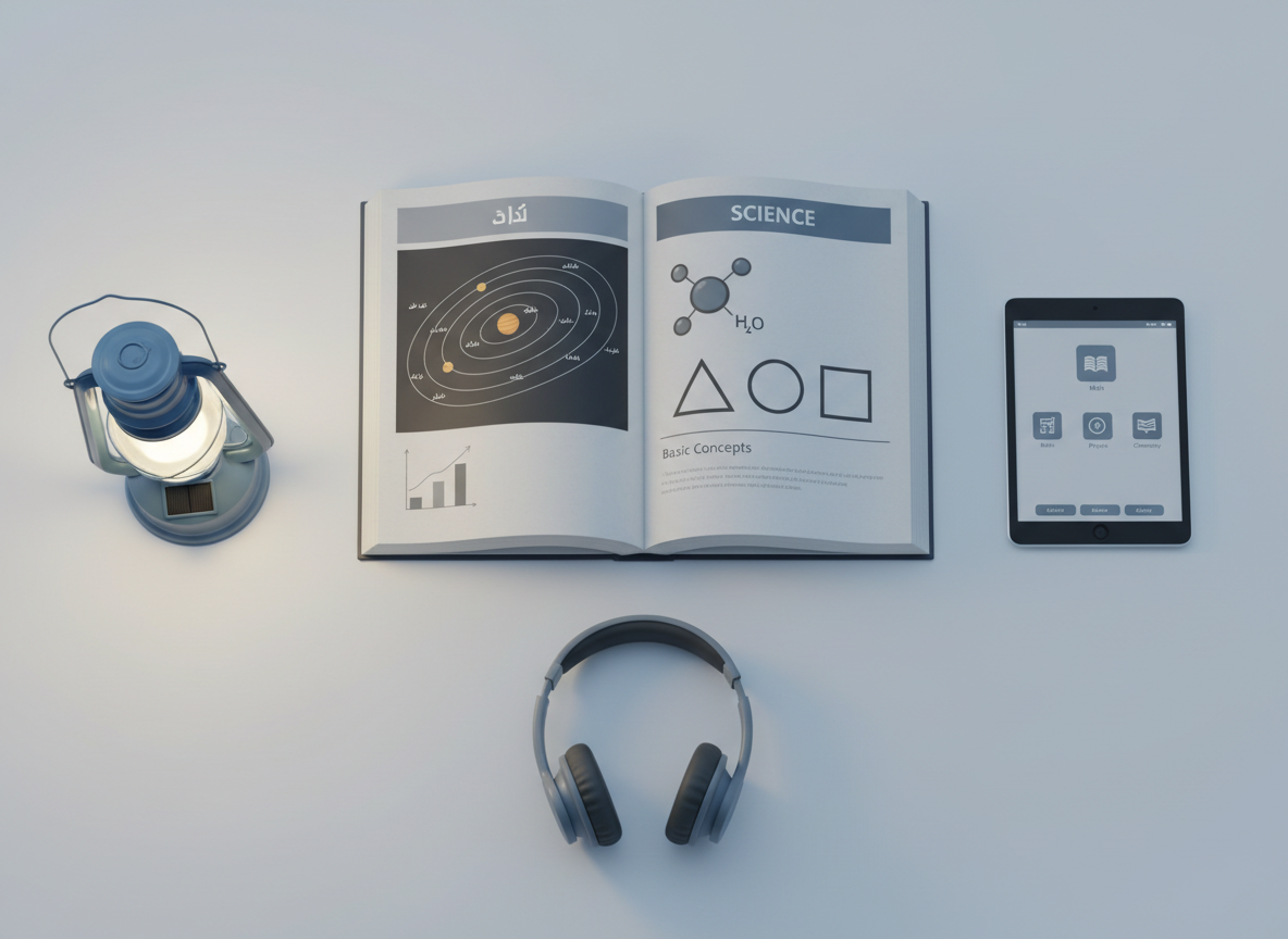 A stylized 3D-model of an open textbook in Dari and English placed at the center of a minimalist, matte-white table. The pages display crisp diagrams of basic science concepts and simple geometric shapes, all rendered with sharp vector-like clarity. Surrounding the book are a solar-powered lantern, a basic tablet device showing an educational interface, and a pair of over-ear headphones, each modeled with smooth, modern surfaces in muted blues and grays. Cool, even studio lighting creates soft reflections and almost no harsh shadows, giving the scene a clean, professional nonprofit tech feel. Captured from a top-down, bird’s-eye composition with symmetrical balance, emphasizing digital and traditional learning tools working together for Afghan education.