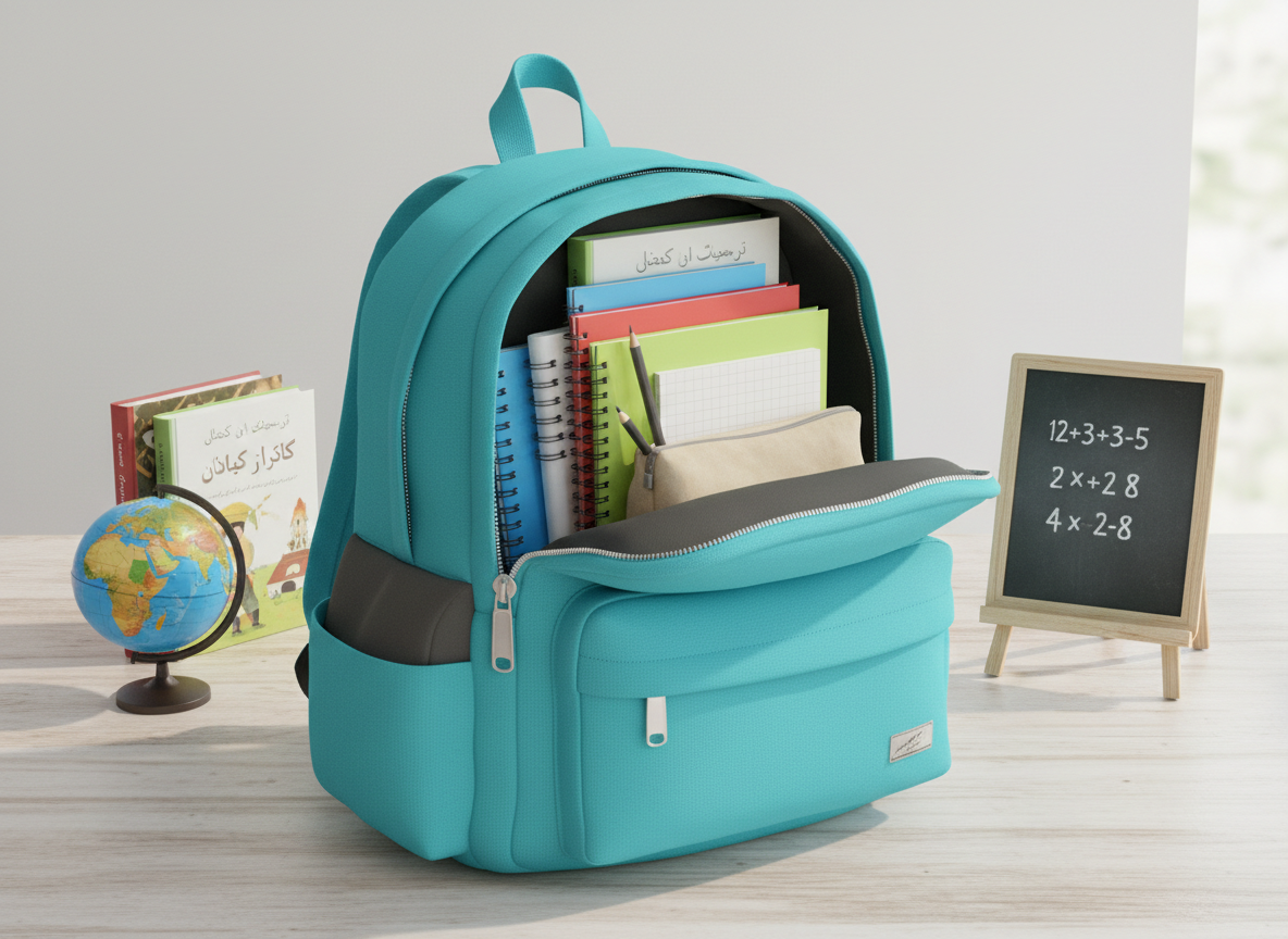 A meticulously detailed 3D-model of a bright turquoise school backpack, slightly unzipped to reveal neatly stacked textbooks labeled in Dari and Pashto, colorful notebooks, and a simple graphite pencil case. The backpack rests on a clean, light-wood desk with a subtle grain, surrounded by a globe of Afghanistan, a few standing textbooks, and a small chalkboard displaying basic math equations in white chalk. Soft, diffused daylight enters from an unseen window, creating gentle reflections on the smooth plastic zipper and metal pulls. The mood is hopeful and professional, with a clean, modern nonprofit aesthetic. Framed at eye level with a slight three-quarter angle, sharp focus throughout, emphasizing access to learning resources for Afghan children.