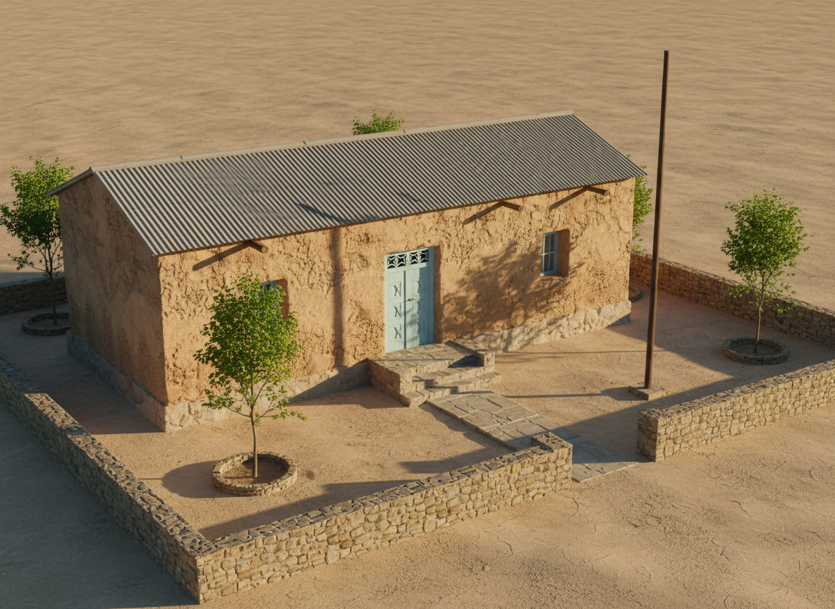 A high-detail 3D-model of a small village school building inspired by Afghan rural architecture, with textured earthen walls, a pale blue painted wooden door, and a simple corrugated metal roof. The school sits on a sandy courtyard where carefully modeled stone steps lead to the entrance. Around the building are planted saplings, a flagpole without a flag, and a low boundary wall, all rendered with clean geometric precision. Warm late-afternoon sunlight casts long, soft-edged shadows, highlighting the subtle imperfections in the walls. The atmosphere is quietly optimistic and professional. Shot from a slightly elevated, wide-angle perspective with balanced composition, the image feels like a polished architectural visualization that symbolizes education access in underserved regions.